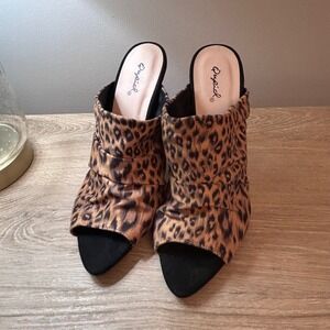 Qupid Leopard‎ Print Ruched Stiletto Heel Mules Women's Size 8 Open Toe